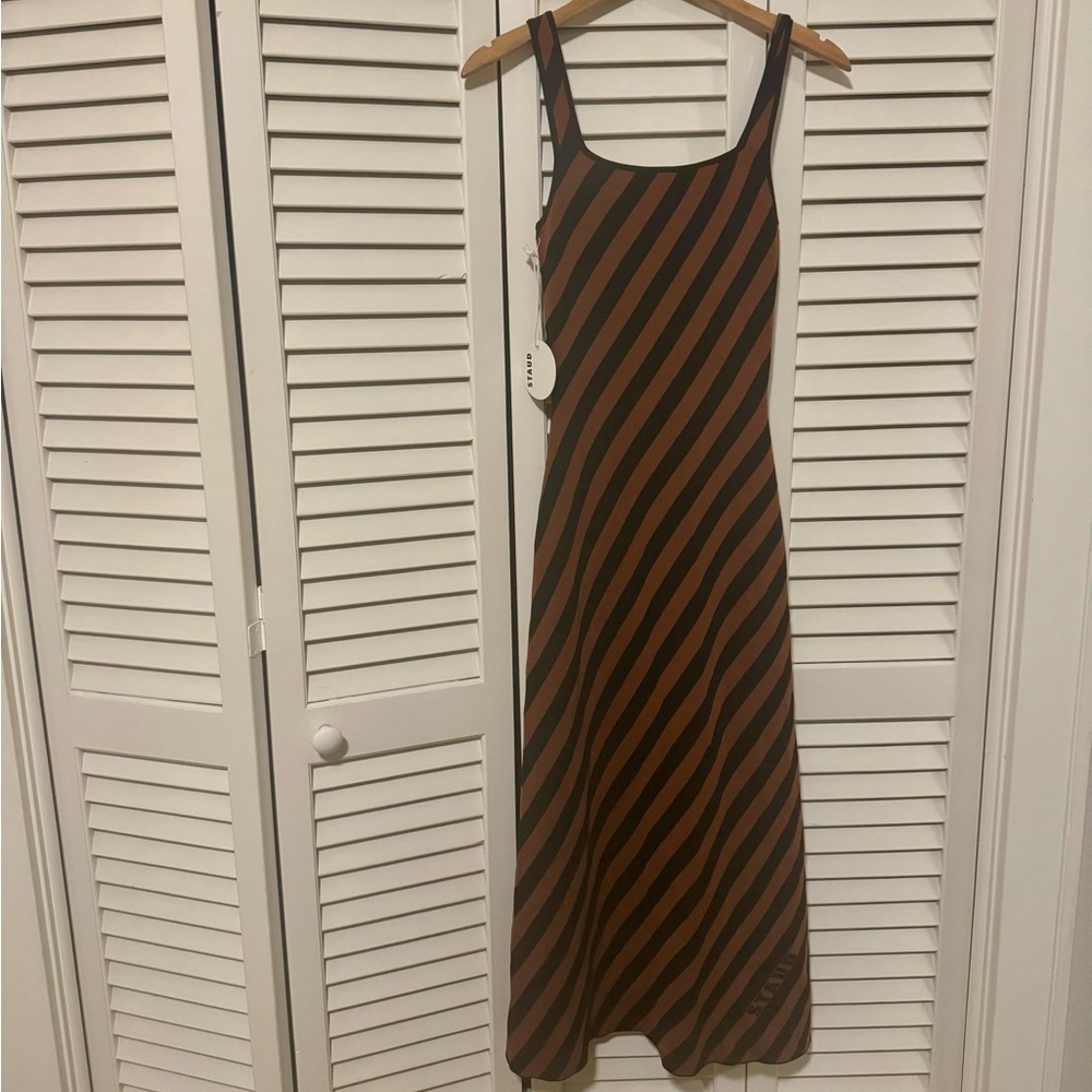 STAUD Diagonal Striped Dress in Black and Brown
